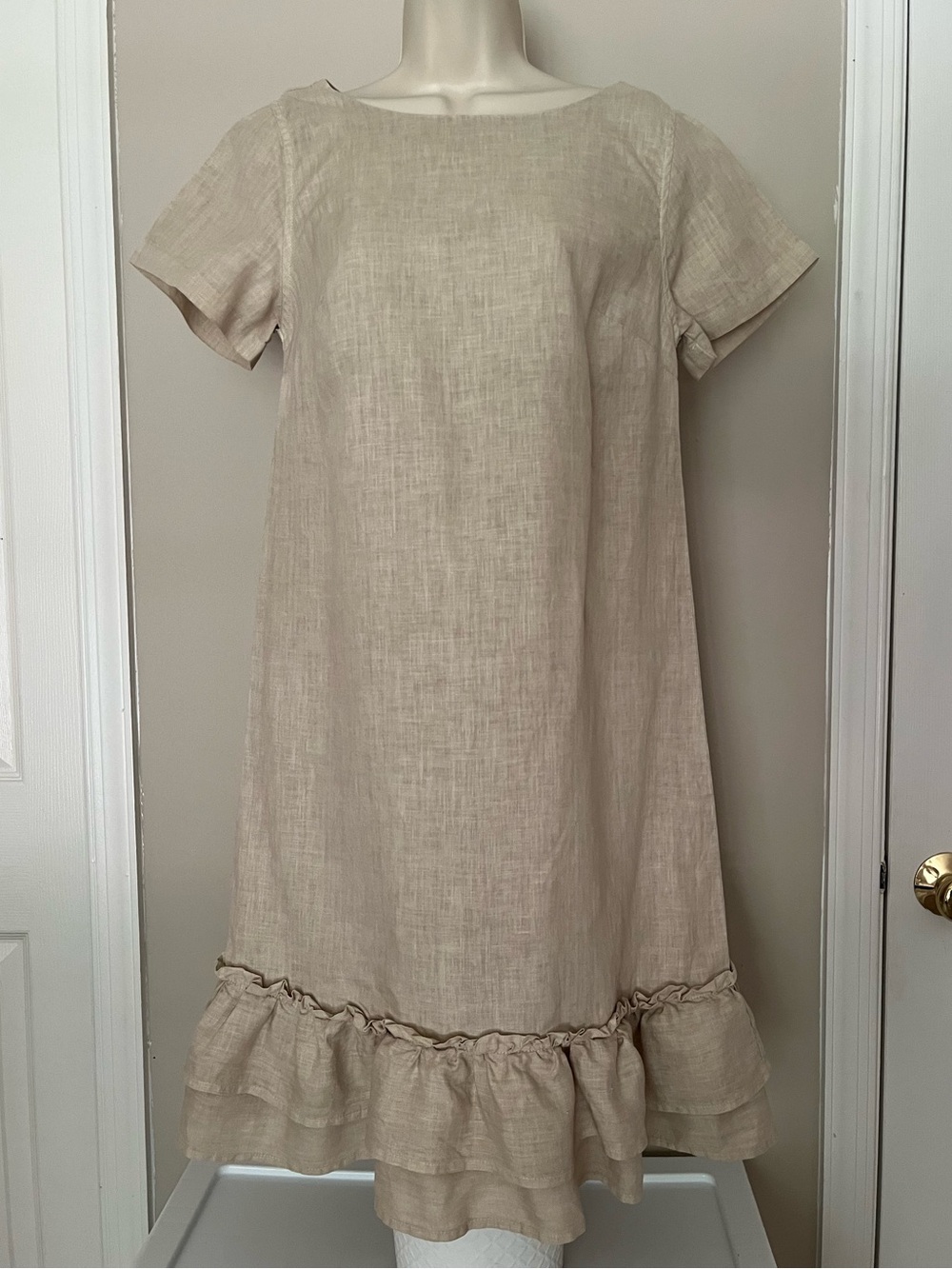 Haris Cotton Made in Greece Beige Linen Dress size small women’s ruffle hem